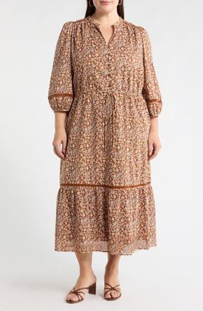 Sugarlips Ramsey Ditsy Harmy Drawstring Waist Midi Dress in Brown-Mult at Nordstrom, Size 1X