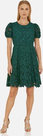 Yumi Lace Puff Sleeve Fit Flare Mini Dress in Green at Nordstrom, Size 10