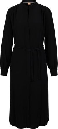 BOSS Belted dress with collarless V neckline and button cuffs