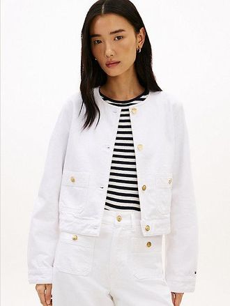 Tommy Hilfiger Gold-Tone Button Collarless Denim Jacket