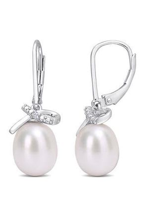 Delmar Sterling Silver 7.5-8mm Cultured Freshwater Pearl & Diamond Lever Back Earrings - 0.02ct. in White at Nordstrom Rack