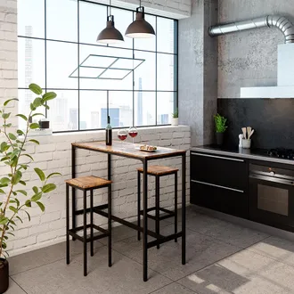 Vicco Tavolo Bar Con Sgabelli Fyrk, Legno Antico, 120 X 50 Cm Con 2 Sgabelli Da Bar
