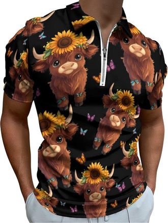 Generic Cute Highland Cow Sunflower Casual Zippered Polo Shirts for Men Short Sleeve Classic Fit Tee Summer Golf Tops L