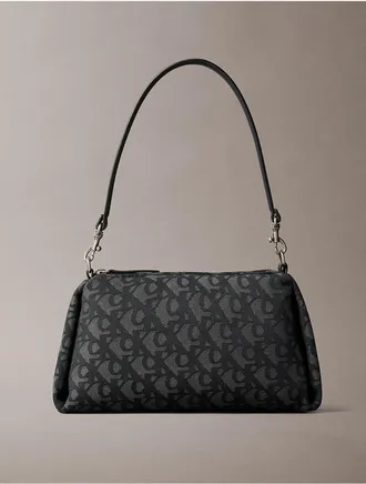 Calvin Klein Womens Pleat Monogram Logo Shoulder Bag - Black
