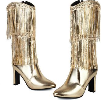 Generic Womens Glitter Mid Calf Boots Pointed Toe Chunky Heel Fringe Tassel Detail Western Ankle Booties Ladies Fashion Party Night Out Footwear Sparkly Eveni