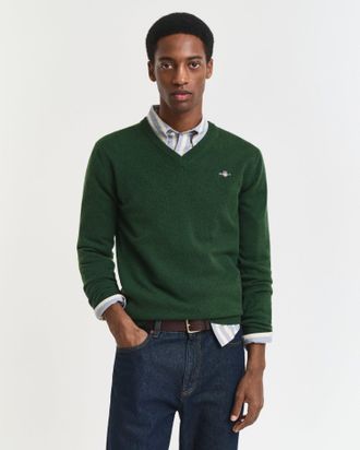 GANT Men Superfine Lambswool V-Neck Sweater (L) MOSS GREEN