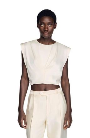 Sandro Pleated satin crop top in Ecru at Nordstrom, Size X-Large