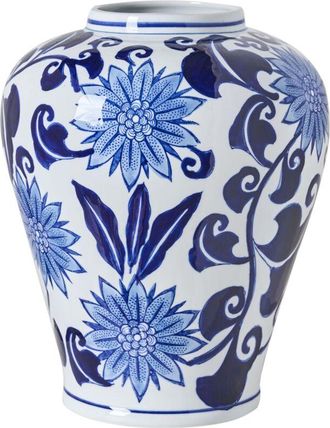 Beliani Flower Vase White and Blue Porcelain Decorative Table Accessory Antique Vintage GIRONA