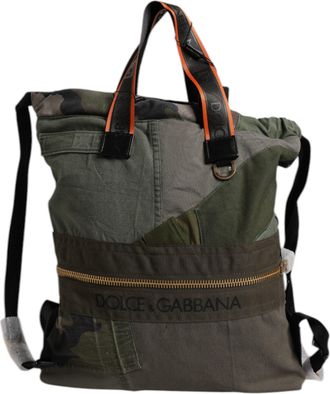 Dolce & Gabbana Mens Patchwork Cotton Calf Leather Rucksack Green Handbags