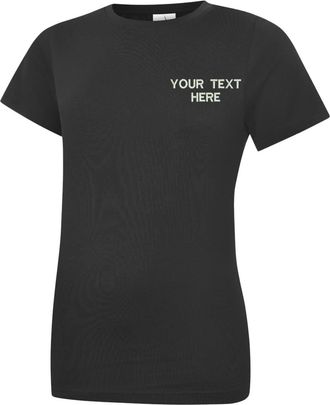 Generic Personalised Embroidered Your Text UC318 Ladies T-Shirt, Ladies Any Text Classic Crew Neck T-Shirt Top (Black, 2XL)