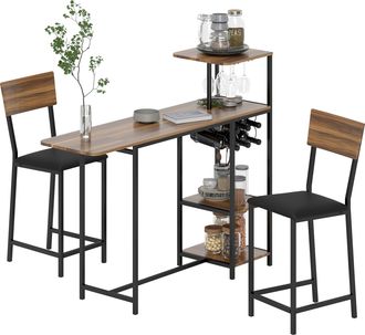 OEM Conjunto De Mesa De Bar Con Laterales Abatibles Soporte Para Vinos Y 2 Taburetes De Estilo Industrial Marr&oacute;n Y Negro