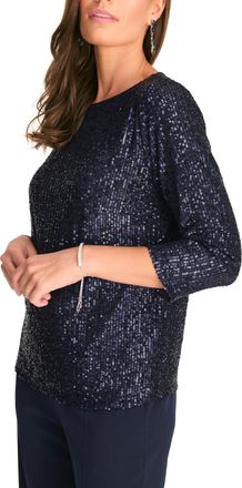 Hermann Lange Paillettenshirt, Damen, Gr. 38, blau (marine), Obermaterial: 97% Polyester, 3% Elasthan, HERMANN LANGE COLLECTION, festlich, figurbetont taillenbedeck