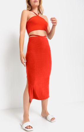 Lascana Midirock LSCN BY LASCANA, Damen, Gr. 38, rot, Rippware, Obermaterial: 63% Polyester, 33% Viskose, 4% Elasthan, unifarben, figurbetont ca. Mitte Wade, 