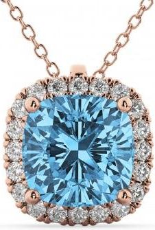 Allurez Halo Blue Topaz Cushion Cut Pendant Necklace 14k Rose Gold (2.02ct)