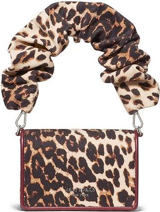 Kate Spade New York Natasha Downtown Leopard Fabric Card Case Crossbody With Scrunch Strap Wallet Womens Handbags Leopard, Leather