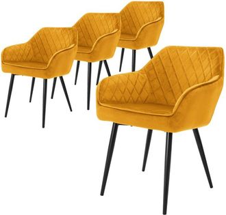 ML Design Ml-design - 4x Sillas De Comedor Amarillo Mostaza Asiento Tapizado Ergon&oacute;mica Aspecto De Piel Sint&eacute;tica Patas De Metal Negras Con Respaldo Y Apoyabraz