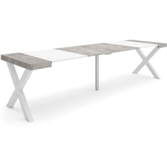 Skraut Home Skraut Home - Mesa Consola Extensible, Mesa Comedor Plegable, 300, Para 14 Comensales, Patas Madera Maciza, Estilo Moderno, Blanco Y Gris Cemento