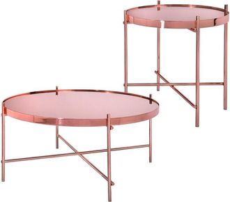 WOMO-DESIGN Womo-design - 2x Mesa De Centro &Oslash;43x45 Cm + &Oslash;75x35 Cm Cobre Con Tapa De Cristal Insertada Y Marco De Metal Tablero Redondo Decorativa Mesita Auxiliar 