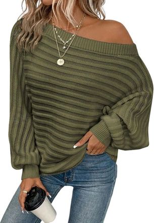 Generic Womens Long Sleeve Off-The-Shoulder Knitted Jumper Winter Plain Jumper Slash Neck Pullover Off Shoulder Winter Pullover (Green, XL)