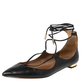 Aquazzura Black Leather Christy Ankle-Wrap Ballet Flats