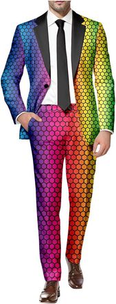 Generic Mens Rainbow Suit Pride Clothes 2 Piece Suits One Button Notched Lapel Slim Fit Tuxedo Suit Blazer Trousers Set Party Costume (A01-Blue, XXL)