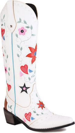 Generic Womens Chunky Heel Western Cowboy Boot with Studded Square Toe PU Leather Long Boots Pull on Knee High Boots with Embroidery Stitched,White,4.5 UK