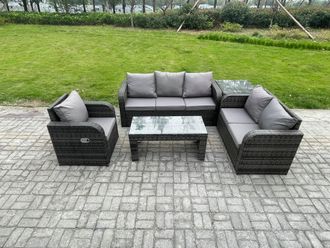 Fimous 6 Seater High Back Rattan Garden Furniture Set with Loveseat Sofa Rectangular Coffee Table Side Table Indoor Outdoor Patio Lounge Sofa Set