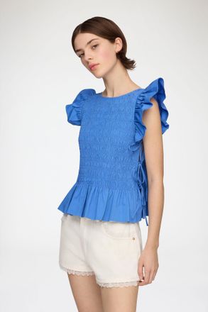 Ganni Navy Top in Smocked Cotton - Size 32 Organic