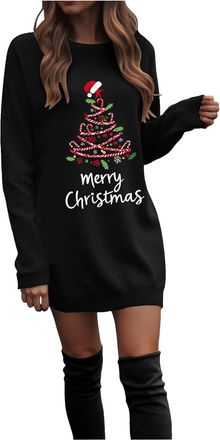 Generic Christmas Dresses for Women Ladies Christmas Dress Round Neck Xmas Graphic Print Long Sleeve Jumper Dress Casual Jumper Long Sleeve Winter Mini Casual