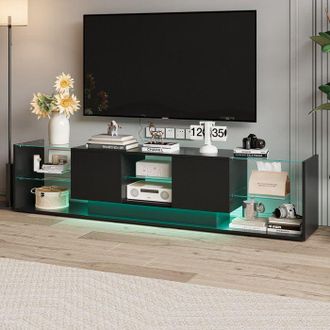 OEM Mueble De Tv Con Almacenamiento 200cm - Dise&ntilde;o Flotante Y Led Rgb, Vidrio Templado Y Negro, Estilo Moderno Y Lujo