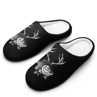 Generic Bass Fishes with Deer Antlers Funny Mens Slippers Cotton Warm House Shoes Memory Foam Sandals Print Size 7-14