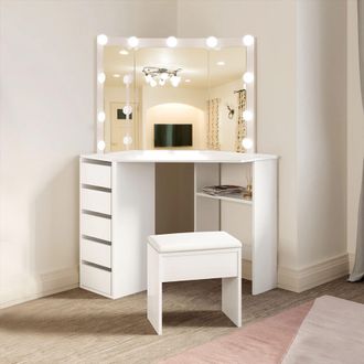 Kosy Koala Corner Dressing Table with Mirror & Stool Makeup Vanity LED Mirror Lights Hollywood Table in White