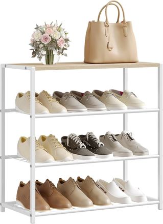 Woltu Woltu Zapatero Con Estructura De Metal Y 3 Estantes, Dise&ntilde;o Minimalista, Roble Claro Y Blanco