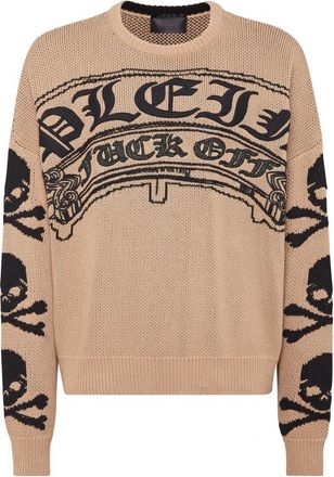 Philipp Plein Pullover Ronde Hals Gothic Plein - Heren - Ronde hals truien - Beige - S - Katoen - Truien & Vesten
