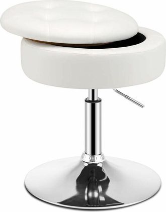 Costway Costway - Taburete De Tocador Con Almacenamiento, Otomana Redonda De Cuero Pu Giratorio A 360&deg;, Taburete De Maquillaje Ajustable En Altura Con Tapa Ab
