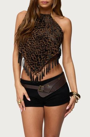 Edikted Tassel Trim Halter Handkerchief Crop Top in Brown at Nordstrom, Size X-Small