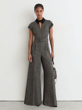 Reiss Womens Grey Collared Wide-leg Belted Jumpsuit, 16