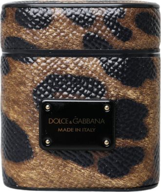 Dolce & Gabbana Brown Leopard Calf Leather Metal Logo Plaque Airpods Case Accessory