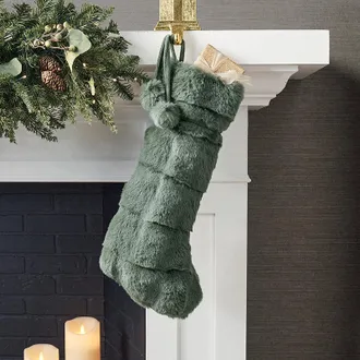 Frontgate Luxury Faux Fur Sculpted Stocking - Olive - Frontgate - Christmas Decorations