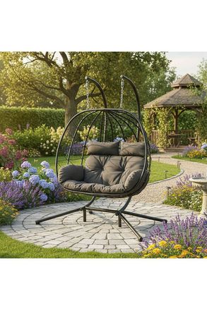 Living and Home Hanging Egg Love Seat with Swing Motion and Metal Stand Base in Dark Grey