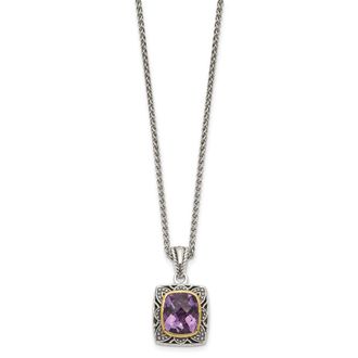 Diamond2Deal Sterling Silver with 14K Accent Cushion Bezel Amethyst Pendant Necklace