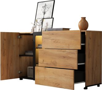 STILVORA Aparador Con 1 Puerta, 3 Cajones, 4 Nichos Y Estantes Ajustables Con Led Para Sal&oacute;n En Tablero, Negro Y Marr&oacute;n
