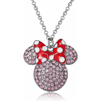 Disney Fashion Red Polka Dot Bow Crystals Pave Necklace in Silver, Red at Nordstrom