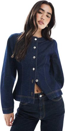 Asos Camicia in denim color indaco senza colletto con maniche cocoon e stretta in vita-Blu