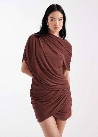 Asos Vestito corto drappeggiato in rete color castagna con dettaglio a mantella-Marrone