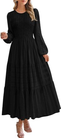 PrettyGarden Womens Long Sleeve Fall Dresses Casual Crew Neck Smocked High Waist Tiered Flowy Maxi Dress with Pockets, Black, L