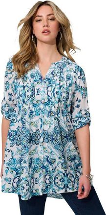 Roaman's Pintuck Tunic Blouse Y-Neck & Roll-Tab Sleeves in White Turquoise Stencil Floral at Nordstrom, Size 22