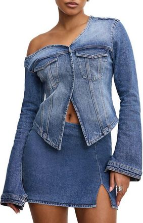 Good American One-Shoulder Cutaway Denim Shirt in Indigo771 at Nordstrom, Size X-Small