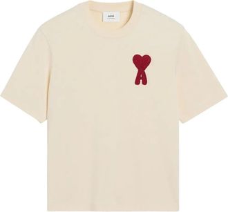 Ami Mens Red Patch T-Shirt - Cream Cotton - Size X-Large