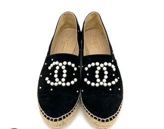 Chanel Black Suede Pearl Embellished Espadrilles Size 41
